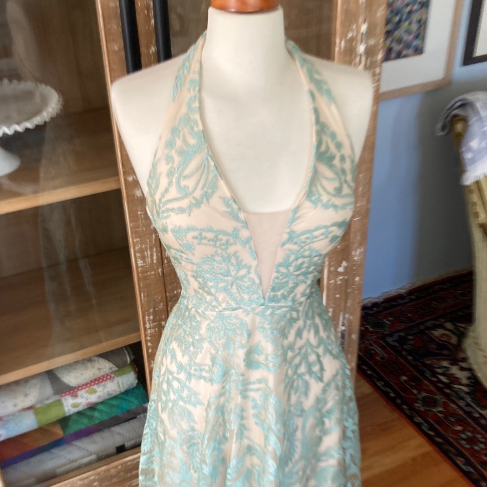 Speechless Aqua and Cream Halter Prom Dress